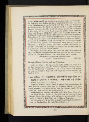 Neue Erfolge der bulgarischen, österreichisch=ungarischen und deutschen Truppen in Serbien. - Luftangriff auf Belfort.