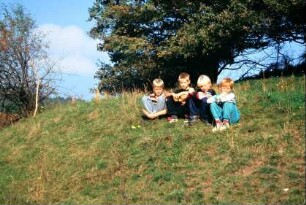 vier Jungen sitzen am Rand eines Wiesenhanges