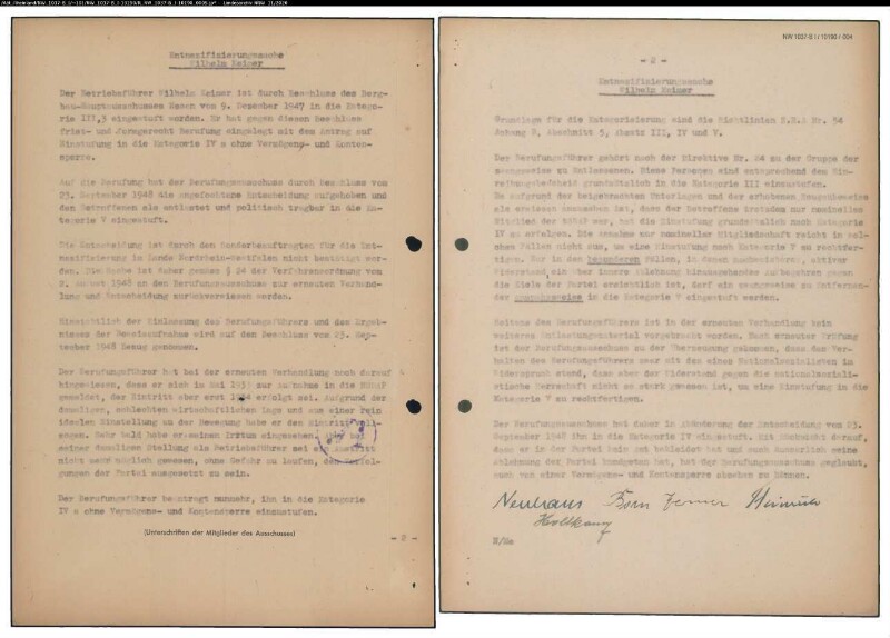 Entnazifizierung Wilhelm Keimer , geb. 08.01.1885 (Betriebsleiter)