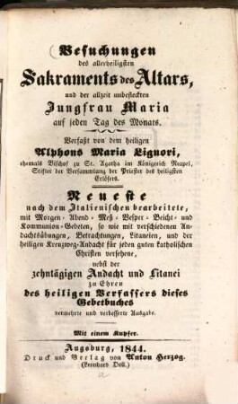 Besuchungen des allerheiligsten Sakraments des Altars, und der allzeit unbefleckten Jungfrau Maria auf jeden Tag des Monats