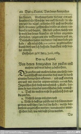 Das 14. Capitel. Von denen kennzeichen der pocken und masern, und was dabey zu befürchten