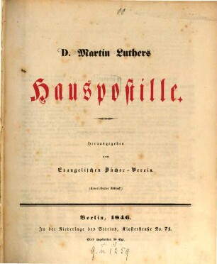 D. Martin Luther's Hauspostille : Hrsg. vom Evangelischen Bücher-Verein. (Unveränderter Abdruck.)