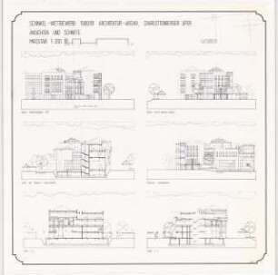 Architektur-Archiv, Karl Friedrich Schinkel gewidmet, Wohnbebauung in Beziehung zu Spree und Schloss Charlottenburg, Berlin Schinkelwettbewerb 1981: Architektur-Archiv: Ansichten und Schnitte 1:200