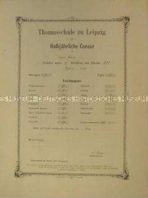 Schulzeugnis der Thomasschule Leipzig für Ernst Heinrich Degen, Klasse IIBa; Michaelis 1885