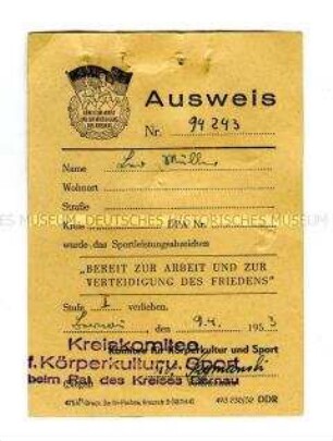 Ausweis zum Sportleistungsabzeichen "Bereit zur Arbeit und zur Verteidigung des Friedens", Stufe I