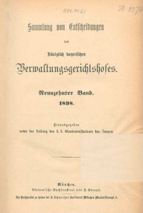 19.1898: Sammlung von Entscheidungen des Königlich-Bayerischen Verwaltungsgerichtshofes