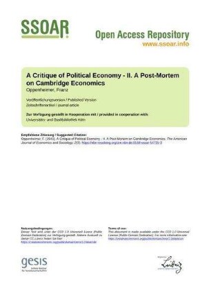 A Critique of Political Economy - II. A Post-Mortem on Cambridge Economics