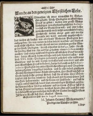Anrede an den geneigten Christlichen Leser.