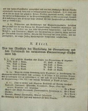 II. Titel. Von dem Maaßstabe bey Vertheilung der Einquartirung und dem Verhältnisse der verschiedenen Einquartierungs-Classen unter sich.
