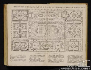 Tafel XI. Symmetrische Obst- und Blumengärten, Fig. 1., 2., 3., 4. 900 qm, Fig. 7, 8 1825 qm, Fig. 9 2701 qm.