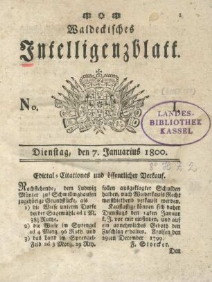 No. 1, Dienstag, den 7. Januarius 1800
