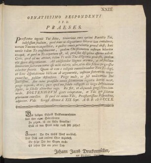 Ornatissimo Respondenti S.P.D. Praeses.