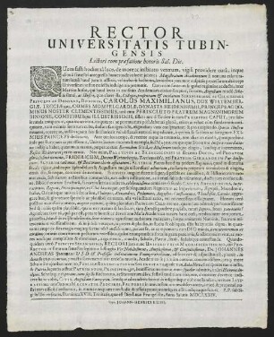 Rector Universitatis Tubingensis Lectori cum praefatione honoris Sal. Dic.