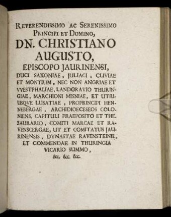 Reverendissimo [...] Dn. Christiano Augusto, Episcopo Jaurinensi, Duci Saxoniae [...]
