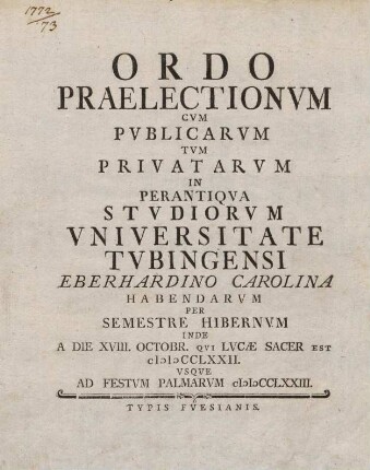 Vorlesungsverzeichnis 1772/73