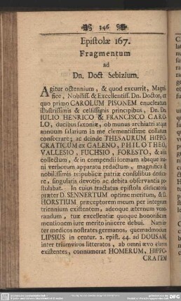 Epistolae 167. Fragmentum ad Dn. Doct. Sebizium