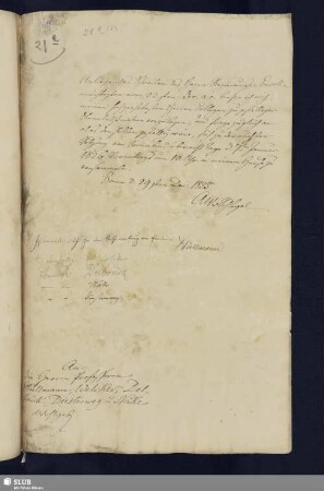 21e(2): Cirkular Schlegels an die Professoren Hüllmann, Welcker, Delbrück, Diesterweg und Näke bzgl. einer Versammlung am 07.01.1826 mit deren die Teilnahme bestätigenden Unterschriften; dat. Bonn 29.12.1825