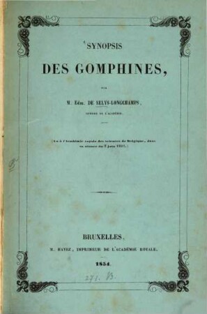 Synopsis des gomphines : (Lu a l'Académie roy. des sciences de Belges, dans sa seance du 3 juin 1854.)