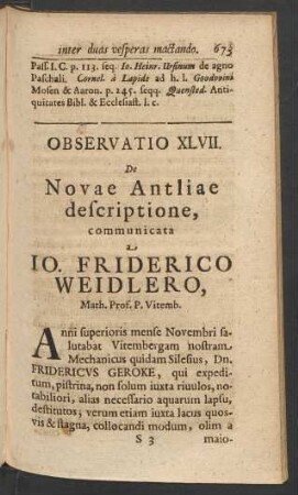 Observatio XLVII. De Novae Antliae descriptione, communicata a Io. Friderico Weidlero, Math. Prof. P. Vitemb.
