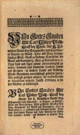 Zunfft-Privilegia Und Articulen Deren Handels-Leuthen Und Krämeren : In hiesigen Chur-Pfältzischen Haupt- und Residentz-Stadt Mannheim, Vom Jahr 1728
