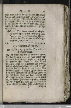 Ehe-Viertel-Stunde, den 16. Aug. 1744. an die Schwestern in Marienborn