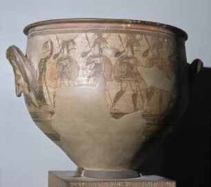 Athen. Archäologisches Nationalmuseum, ANM 1426. Krieger-Vase, Ende 13. Jh. v. Chr., außerhalb Gräberrund A. Sack mit Maza. Höhe 41cm