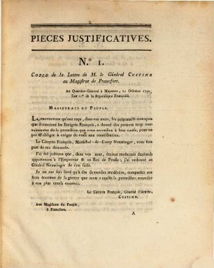 Mémoire présenté à la convention nationale : avec les pièces justificatives par les Députés ... de Francfort-sur-le-Mein ... ; concernant la Contribution militaire de deux millions de Florins, imposée à ladite Ville, au nom de la République françoise