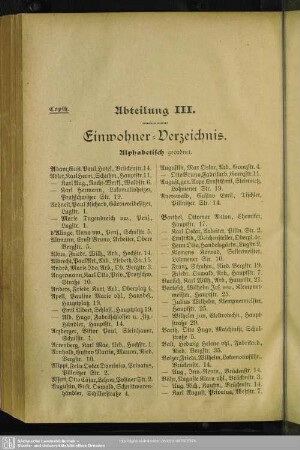 Abteilung III. Einwohnerverzeichnis : Abteilung III. Einwohner-Verzeichnis. Alphabetisch geordnet.