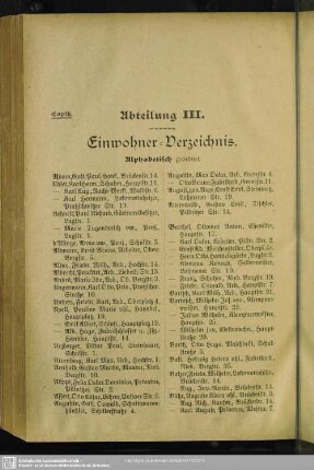 Abteilung III. Einwohnerverzeichnis : Abteilung III. Einwohner-Verzeichnis. Alphabetisch geordnet.