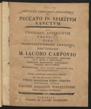 Disputatio Theologico-Philosophica De Peccato In Spiritum Sanctum