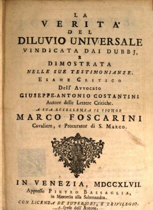 La verità del diluvio universale vindicata dai dubbi, e dimostrata nelle sue testimonianze