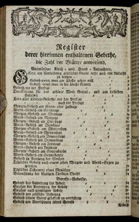 Register derer hierinnen enthaltenen Gebethe, die Zahl der Blätter anweisend.