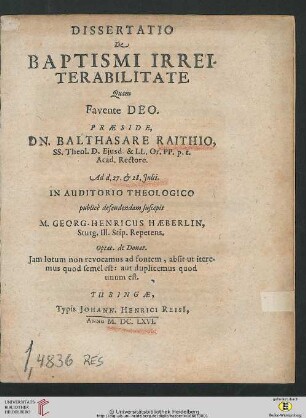 Dissertatio De Baptismi Irreiterabilitate