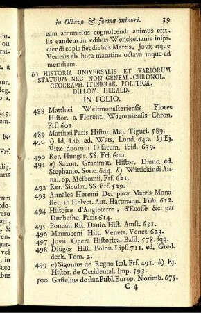b) Historia Universalis Et Variorum Statuum Nec Non Geneal-Chronol. Geograph. Itinerar. Politica, Diplom. Herald.