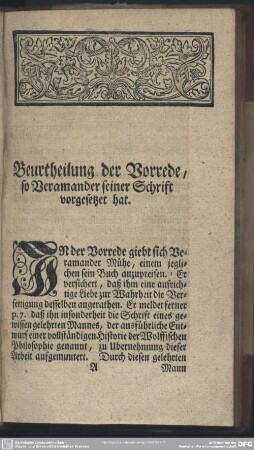 Beurtheilung der Vorrede, so Veramander seiner Schrift vorgesetzet hat