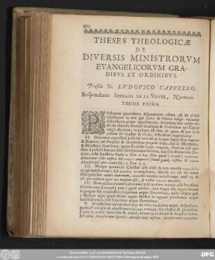 Theses Theologicae De Diversis Ministrorum Evangelicorum Gradibus Et Ordinibus. Praeside D. Ludovico Cappello. Respondente Ephraim De La Voute, Normano.