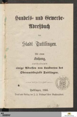1866: [Handels- und Gewerbe-Adreßbuch der Stadt Tuttlingen] Band 1866