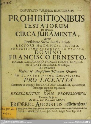 Disputatio Iuridica Inauguralis De Prohibitionibus Testatorum In Specie Circa Iuramenta