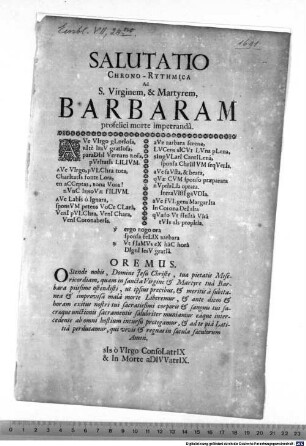 Salutatio Chrono-Rythmica Ad S. Virginem, & Martyrem, Barbaram profelici morte impetranda