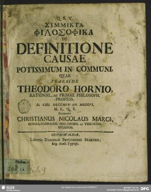 Symmikta Philosophika De Definitione Causae Potissimum In Communi