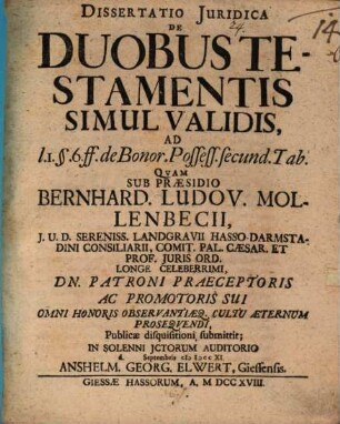 Diss. iur. de duobus testamentis simul validis