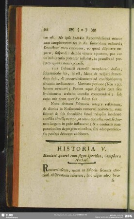 Historia V. Maniaci quarti cum signo Specifico, Camphora tractati