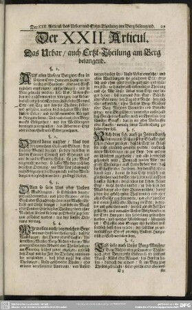 Der XXII. Articul. Das Urbar, auch Ertzt-Theilung am Berg belangend