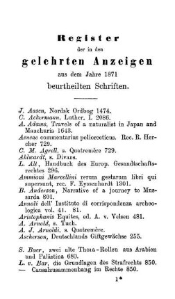 Register der in den gelehrten Anzeigen aus dem Jahre 1871 beurteilten Schriften.
