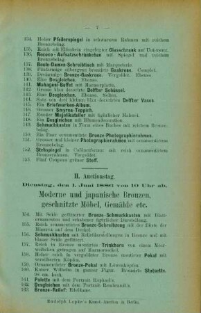 II. Auctionstag. Dienstag, den 1. Juni 1886 von 10 Uhr ab. Moderne und japanische Bronzen, geschnitzte Möbel, Gemälde etc.