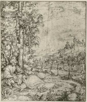Landschaft mit Stadt im Hintergrund, Vordergrund links sitzender Mann