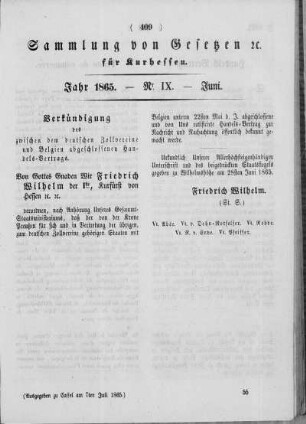 Sammlung von Gesetzen für Kurhessen. Jahr 1865. - Nr. IX. Juni.