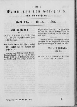 Sammlung von Gesetzen für Kurhessen. Jahr 1865. - Nr. IX. Juni.