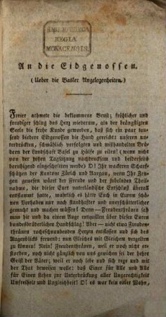 An die Eidgenossen : (Ueber die Basler Angelegenheiten)