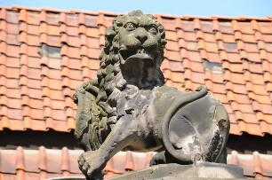 Löwenwächter in Halberstadt : Bei alliierten Bombenangriffen wurde die Fachwerkstadt am nördlichen Harzrand am 8. April 1945 zu 82 Prozent zerstört. Erst nach 1990 wurde die Innenstadt wieder aufgebaut, wurden viele alte Häuser saniert. Bild: steinerner Löwe am Eingang zur ehemaligen Domdechanei am Domplatz. Aufgenommen in Halberstadt im Mai 2008